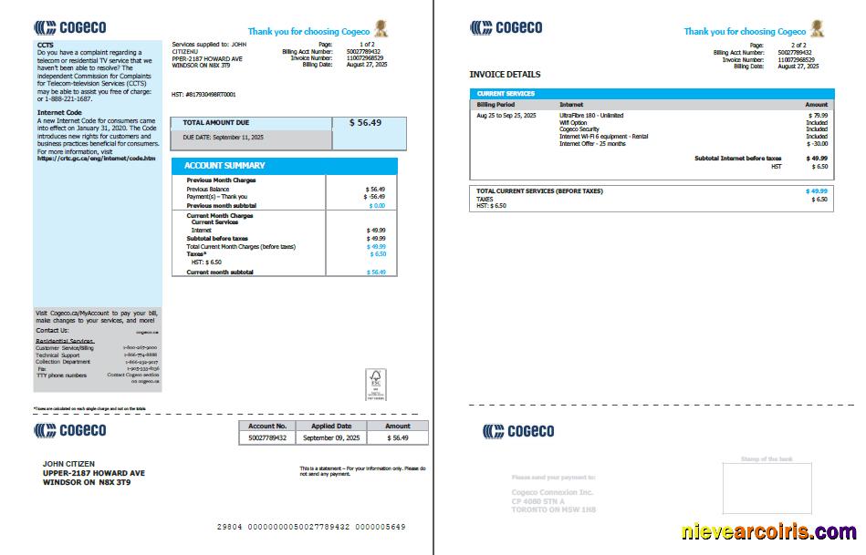Premium Canada Cogeco Utility Bill Template In Word And PDF Formats, 2 Pages