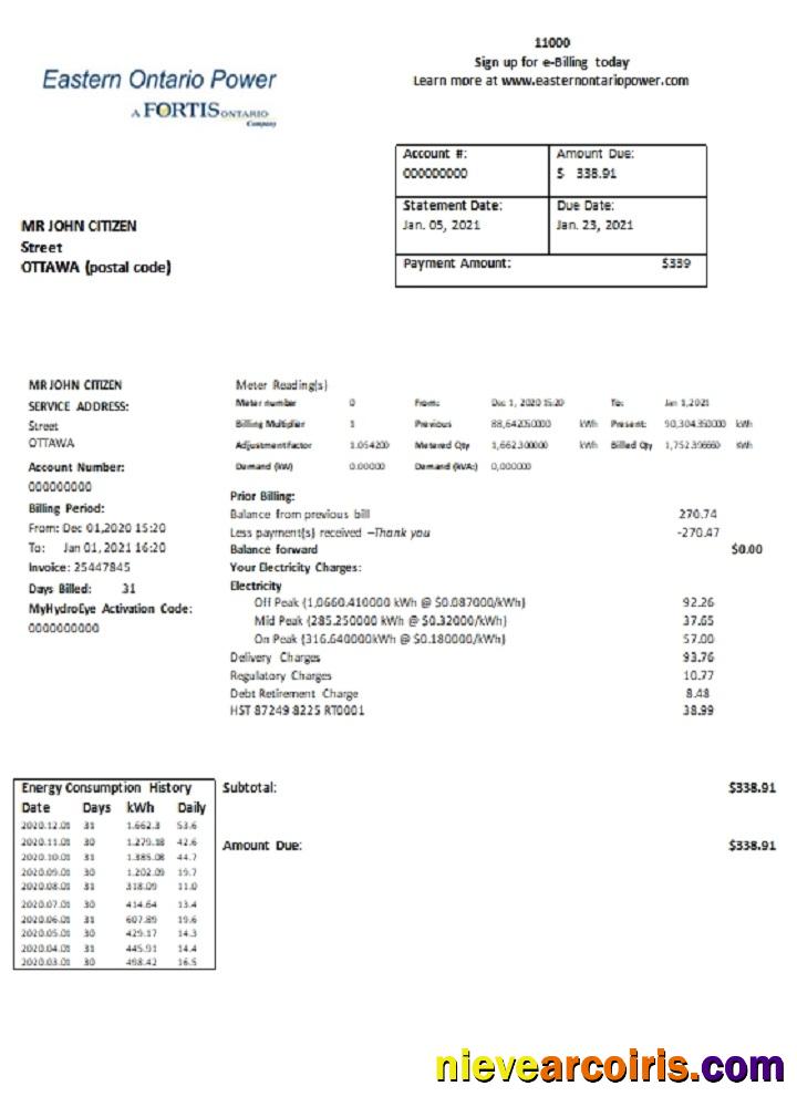 Canada Eastern Ontario Power Utility Bill Template