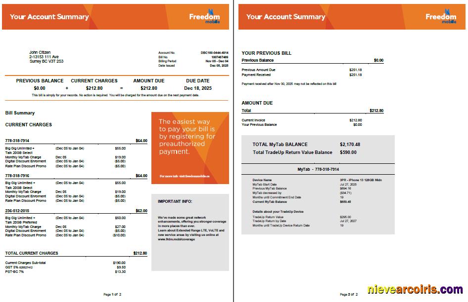 Professional Canada Freedom Mobile Utility Bill Template In Word And PDF Formats, 2 Pages