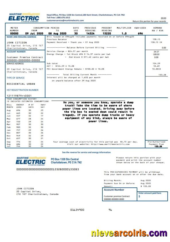 Premium Canada Maritime Electric Utility Bill Template In Word And PDF Format