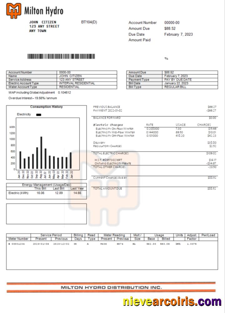 Editable Canada Milton Hydro Electricity Bill Word And PDF Template