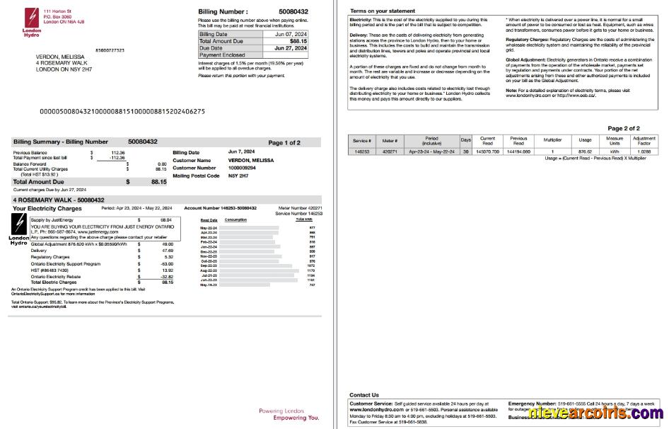Canada Ontario London Hydro Utility Bill Scr Photolook