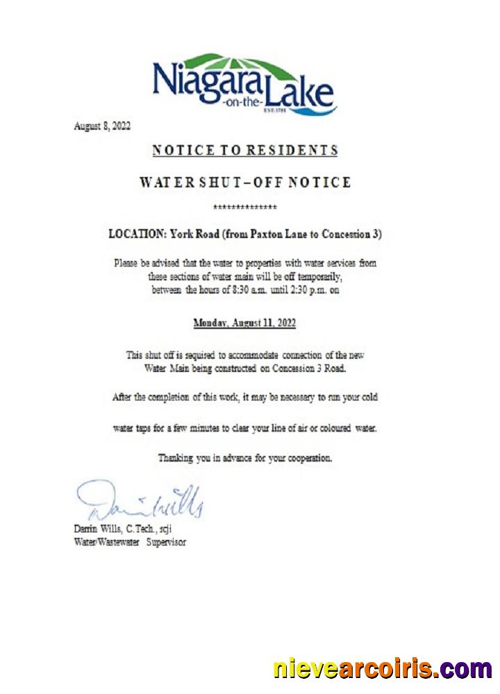 Canada Ontario The Niagara On The Lake Water Utility Shut Off Notice Photolook