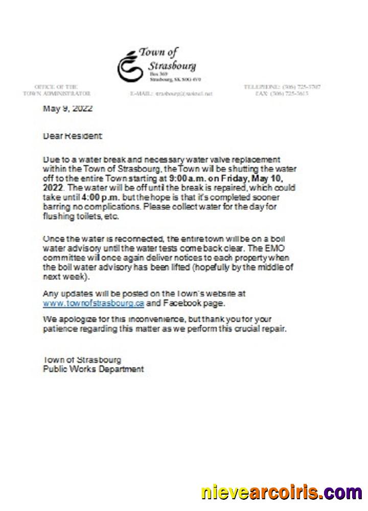 Canada Saskatchewan Town Of Strasbourg Water Utility Shut Off Notice Template