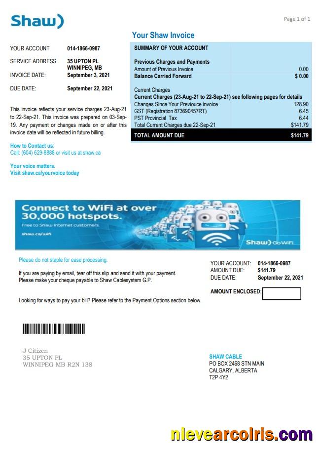 Canada Shaw Utility Bill Sample