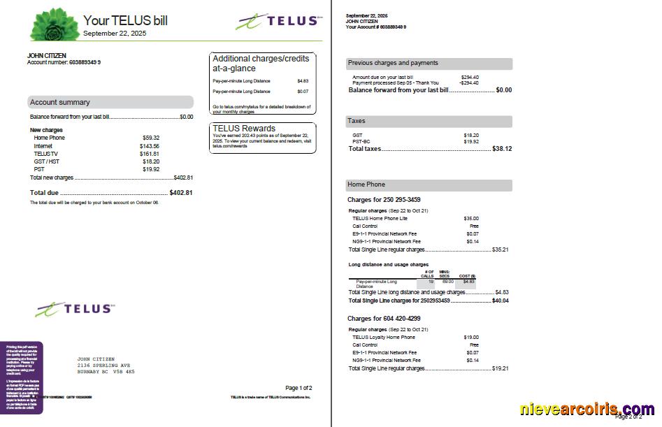 Premium Canada Telus Utility Bill Template In Word And PDF Formats, 2 Pages, Version 3