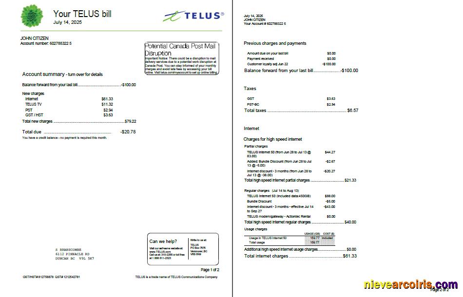 Editable Canada Telus Utility Bill Template In Word And PDF Formats, 2 Pages