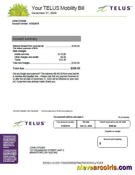 Realistic Canada Telus Utility Bill Template In Word And PDF Formats, Version 2