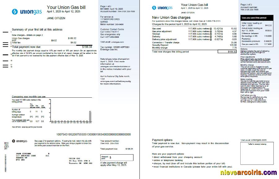 Realistic Canada Union Gas Utility Bill Template In Word And PDF Formats, 2 Pages, Version 2