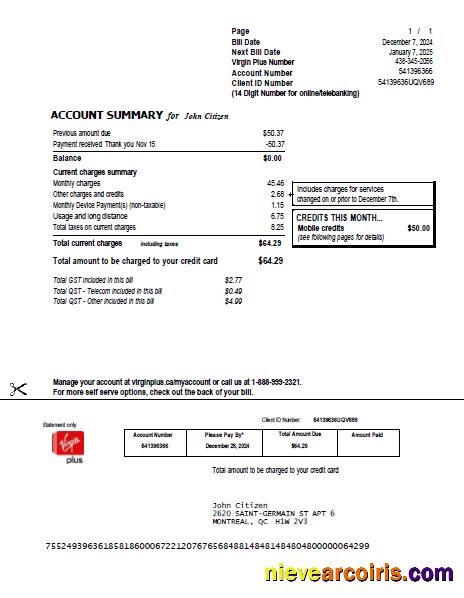 Realistic Canada Virgin Plus Utility Bill Template In Word And PDF Formats