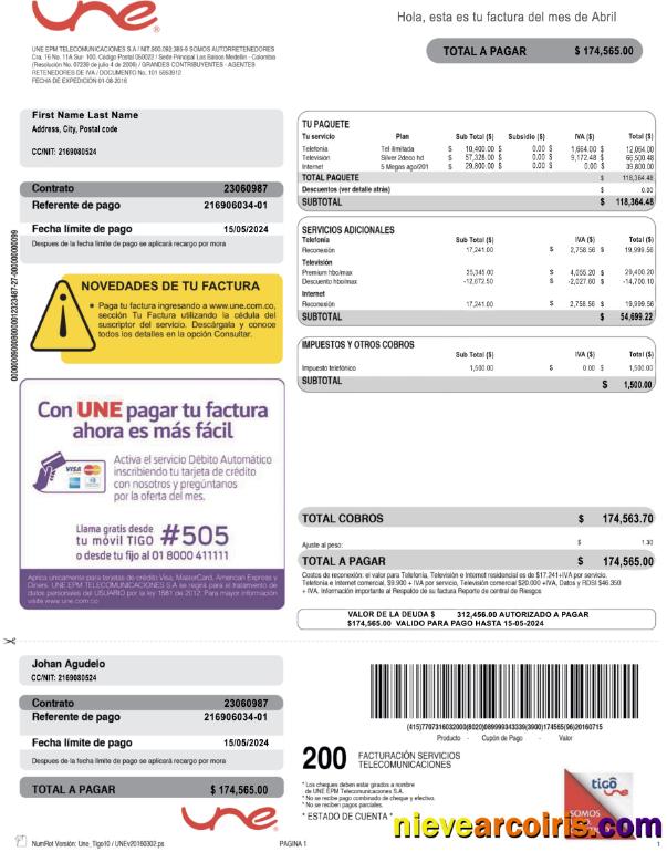 Colombia UNE EPM Telecomunicaciones PSD Utility Bill Preview