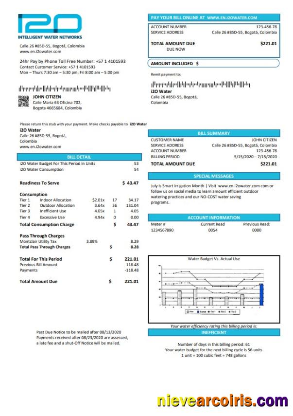 Colombia I2O Water Utility Bill Sample