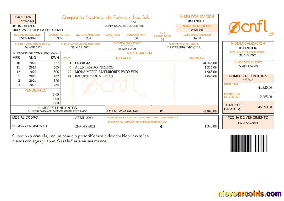 Costa Rica Compañía Nacional De Fuerza Y Luz, S.A. (CNFL) Utility Bill Photolook