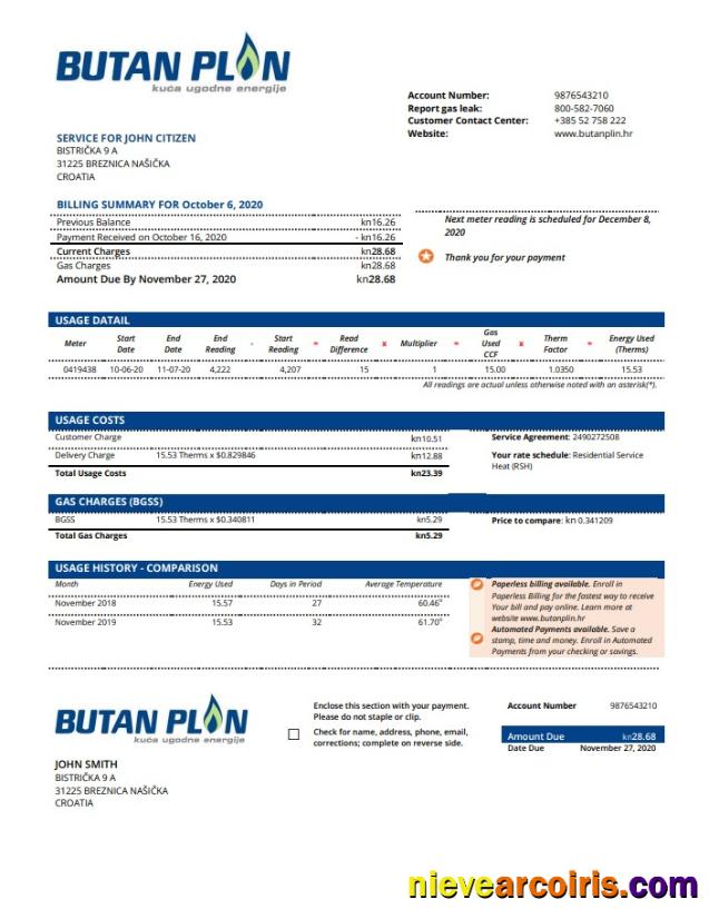Croatia BUTAN PLIN D.o.o. Gas Utility Bill Template
