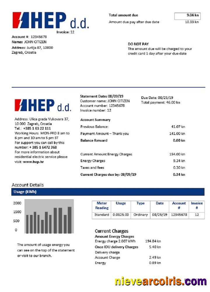 Croatia Hrvatska Elektroprivreda Electricity Utility Bill Template