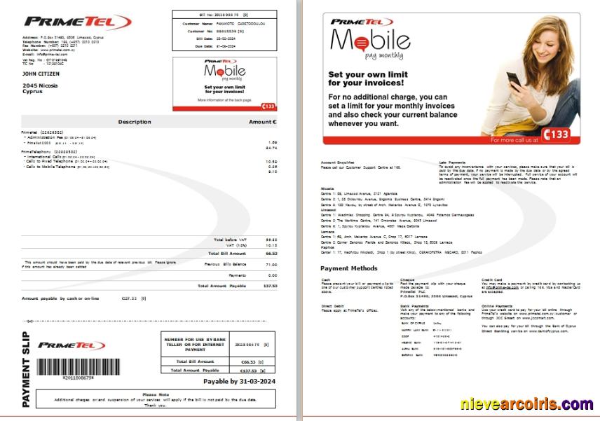 Cyprus Primetel Utility Bill, 2 Pages Sample