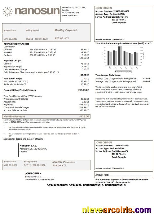 Czech Republic Nanosun S.r.o Utility Bill Template