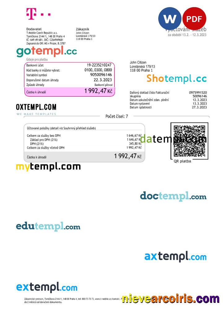 Realistic Czech Republic T Mobile Utility Bill Word And PDF Template (2) Ka