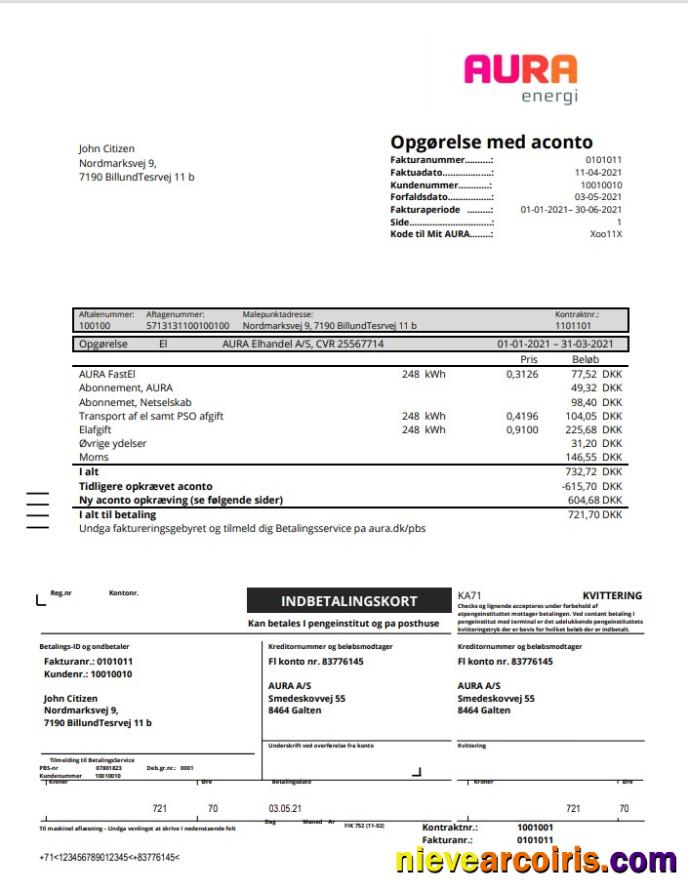 Editable Denmark AURA Energi Utility Bill Template In Word And PDF Format
