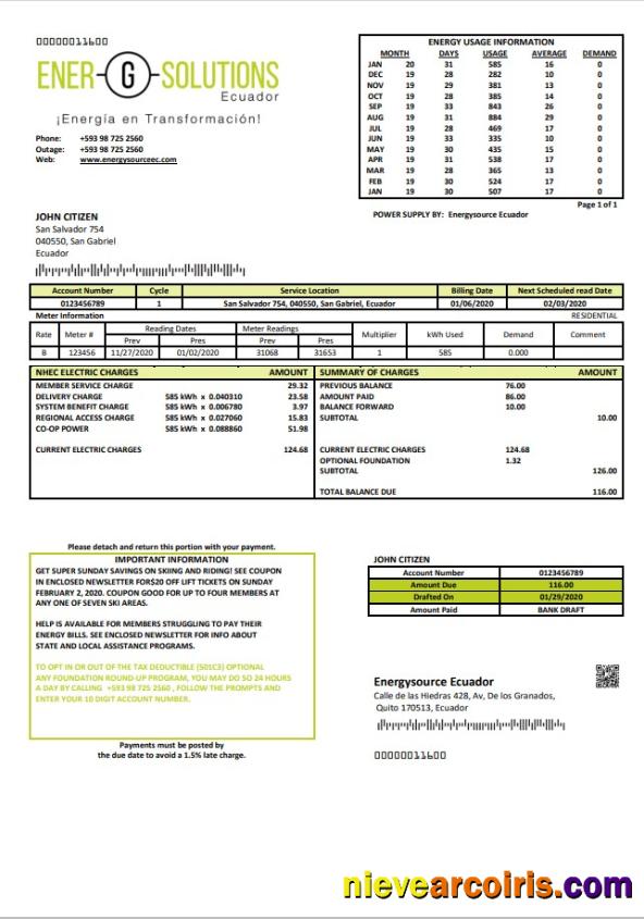 Editable Ecuador Energysource Ecuador Energy Utility Bill Template In Word And PDF Format