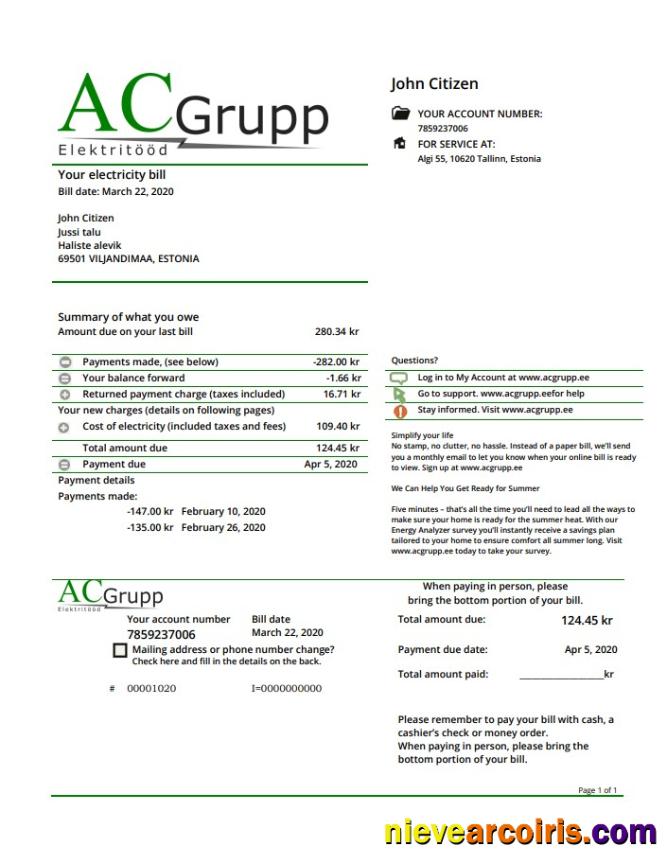 Realistic Estonia AC Grupp OÜ Electricity Utility Bill Template In Word And PDF Format