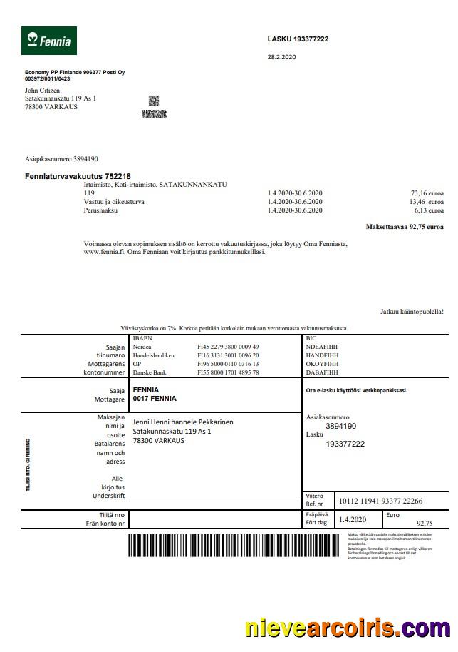 Professional Finland Fennia Insurance Company Bill Template In Word And PDF Format