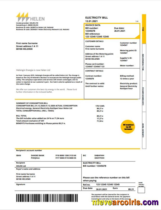 Professional Finland HELEN Utility Bill Template In Word And PDF Format