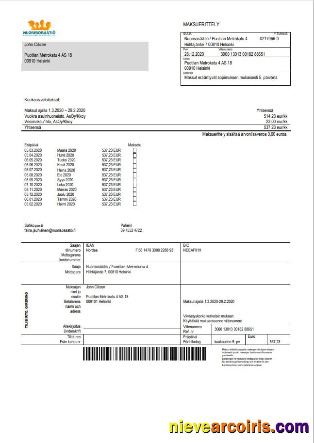 Realistic Finland Nuorisosäätiö Youth Foundation Bill Template In Word Format