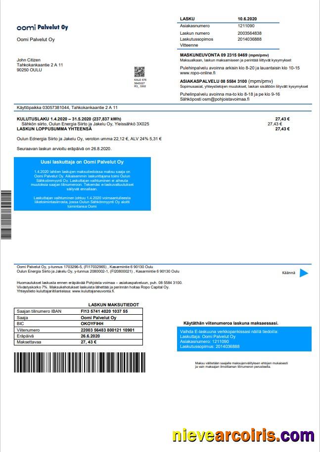 Premium Finland Oomi Palvelut Oy Electricity Utility Bill Template In Word And PDF Format