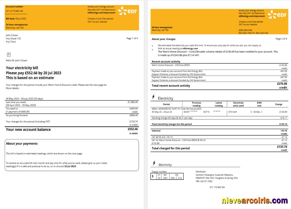 Professional France EDF Energy Utility Bill Word And PDF Template, 4 Pages 1 2