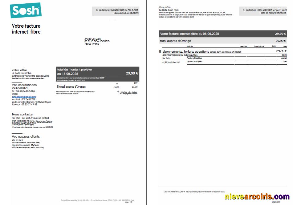 Professional France Sosh Utility Bill Template In Word And PDF Formats, 2 Pages