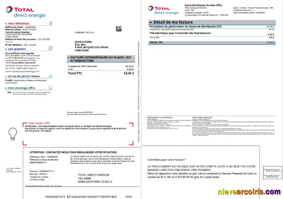 France Total Direct Energie Utility Bill Template