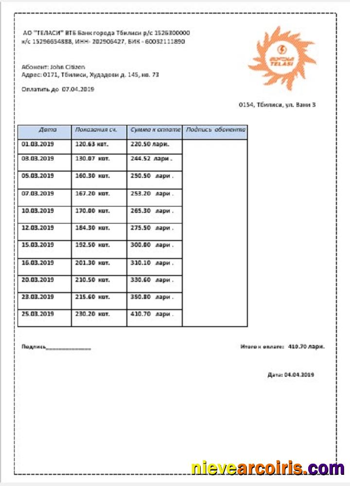 Georgia Telasi Utility Bill Sample