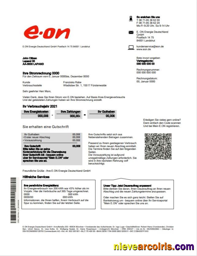Germany E.ON Energie Electricity Utility Bill Sample