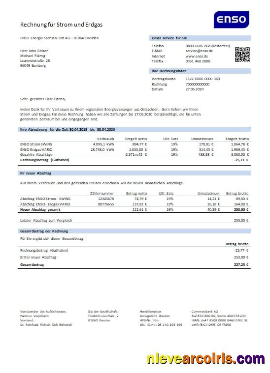 Germany ENSO Rechnung Für Strom Und Erdgas Utility Bill Template