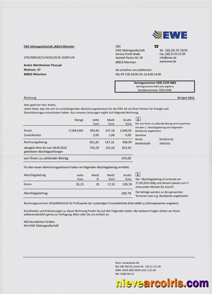 Germany EWE Utility Bill Sample