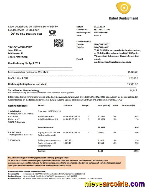 Germany TV Cabel Utility Bill Template