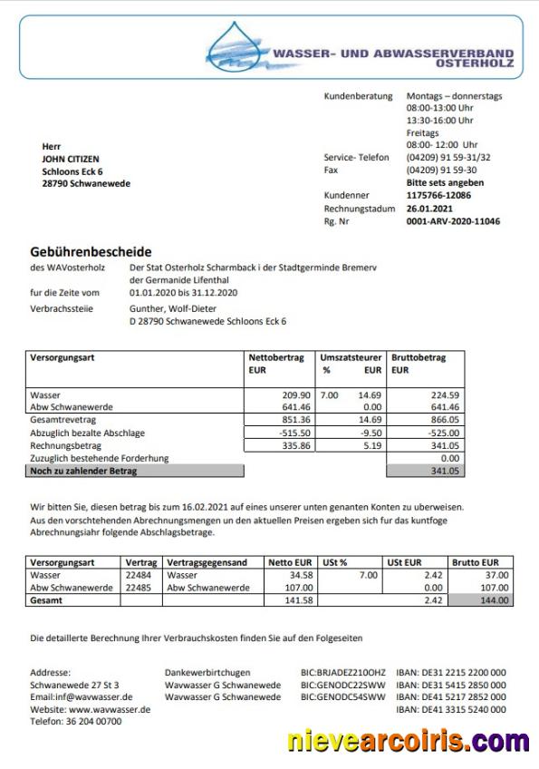 Germany Wavwasser Utility Bill Photolook