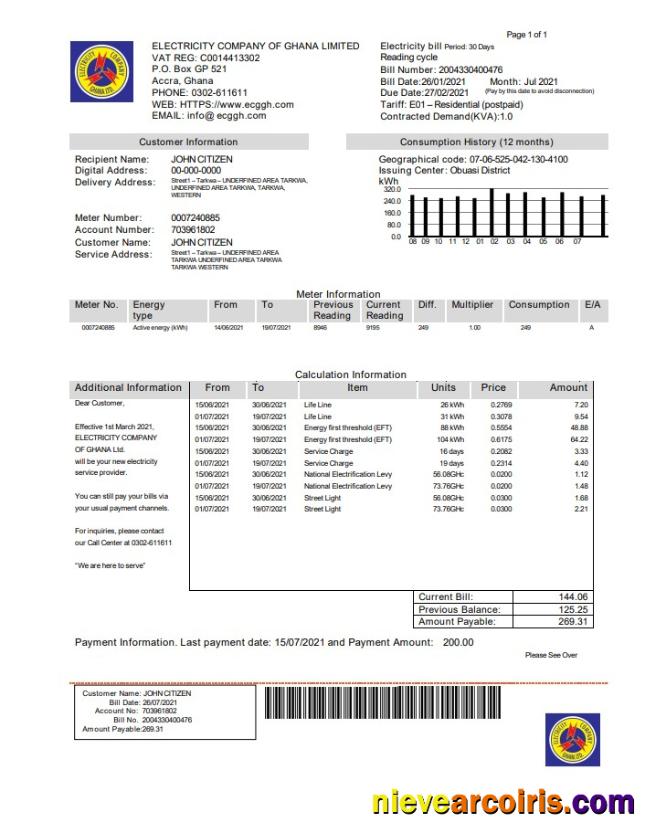 Ghana Electricity Company Of Ghana Utility Bill Sample