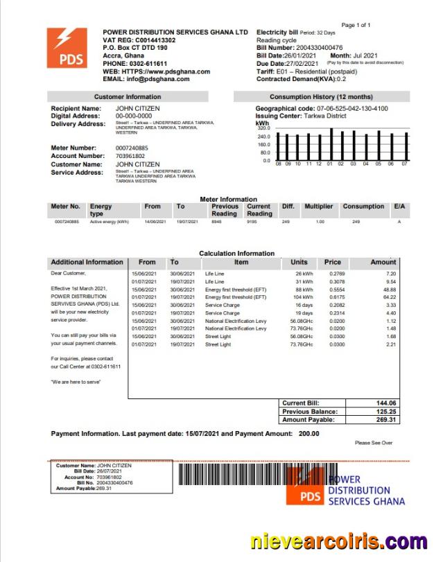 Ghana PDS Electricity Utility Bill Sample