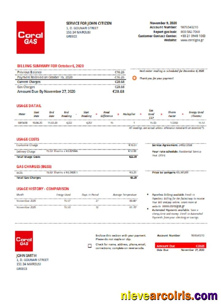 Greece CORAL GAS Utility Bill Photolook