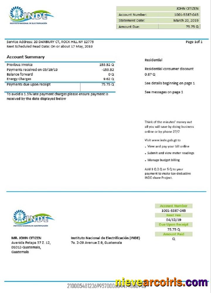Guatemala INDE Instituto Nacional De Electrificación Electricity Utility Bill Template