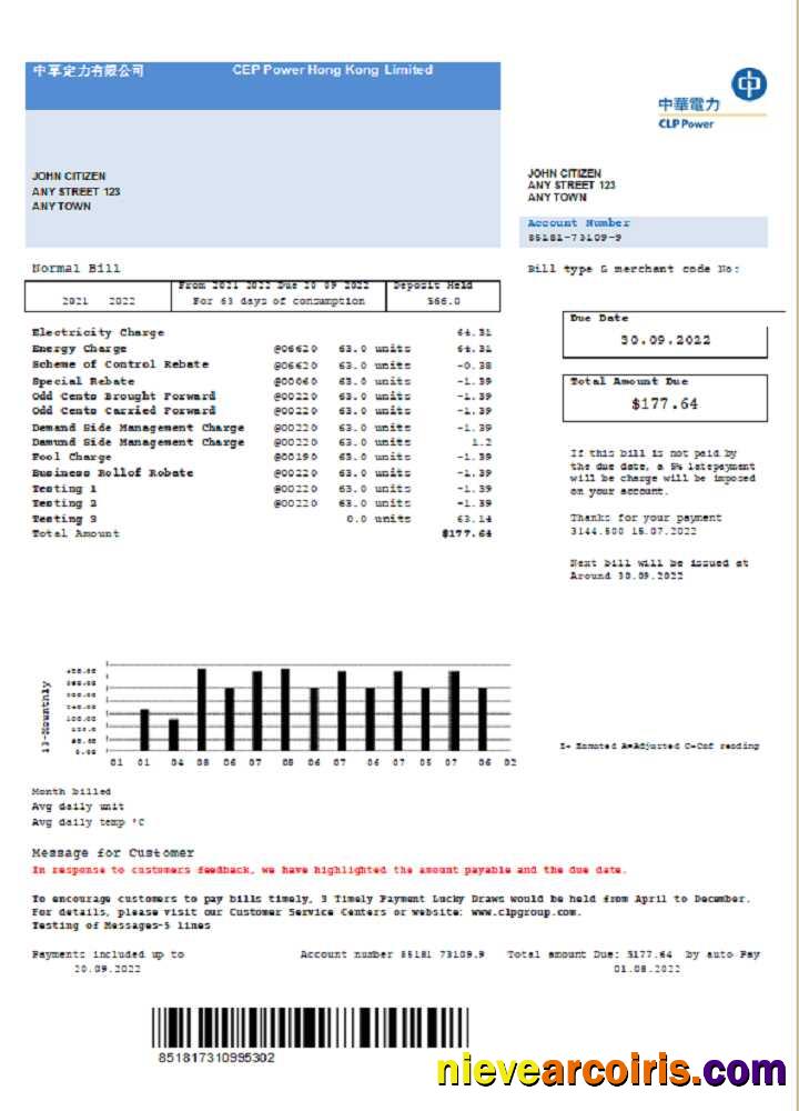 Hong Kong CLP Power Hong Kong Limited Utility Bill Sample