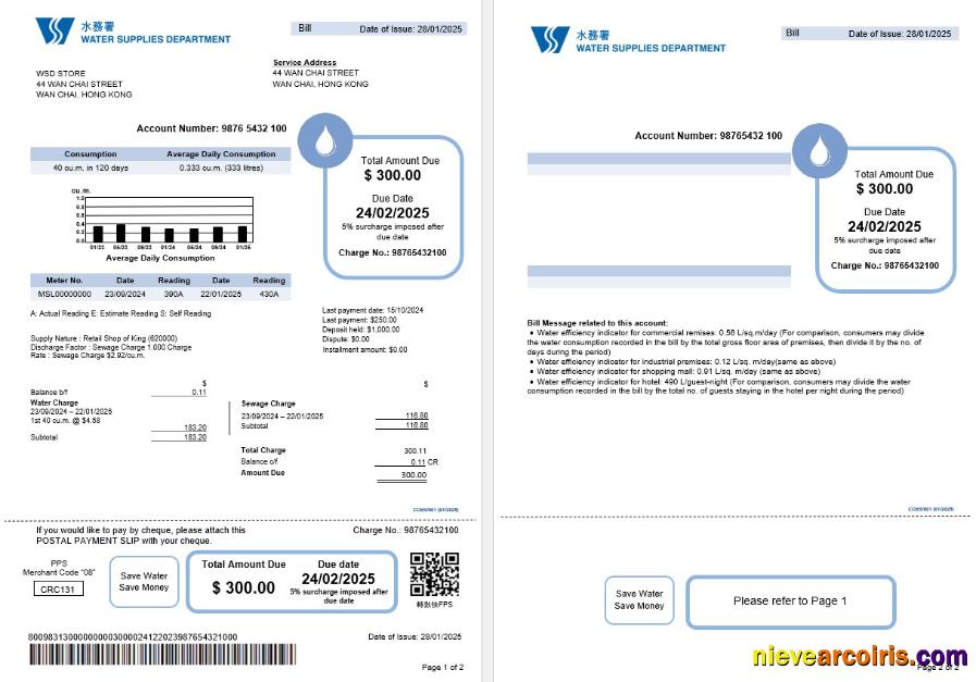 Realistic Hong Kong Water Supplies Department Utility Bill Editable Template