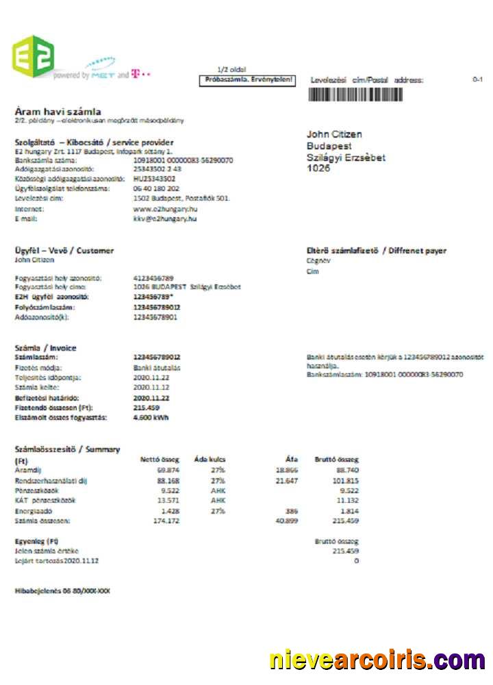 Hungary E2 Utility Bill Word And PDF Format Preview