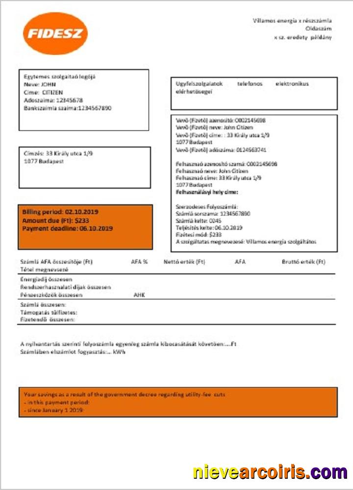 Hungary FIDESZ Easy To Fill Utility Bill Sample