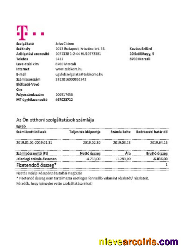 Hungary Magyartel Utility Bill Template