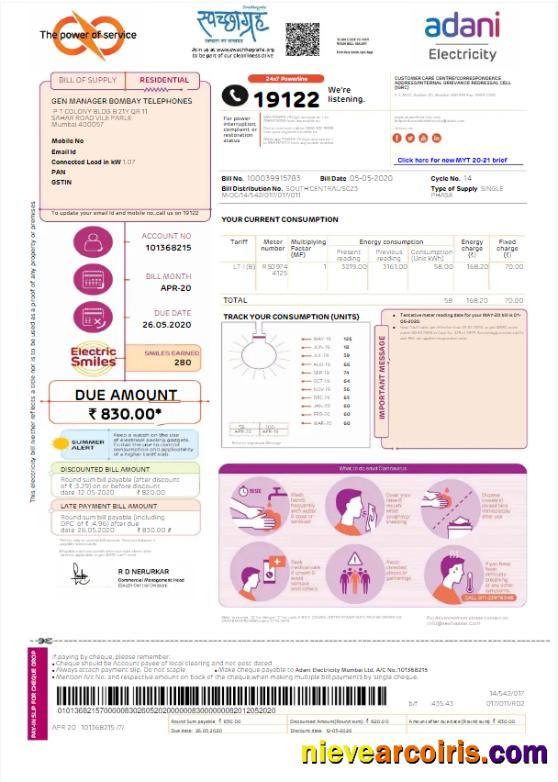 Editable INDIA ADANI ELECTRICITY Utility Bill Word And PDF Template