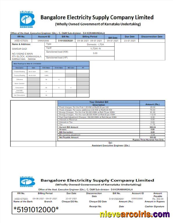 Realistic INDIA BESCOM Utility Bill Word And PDF Template