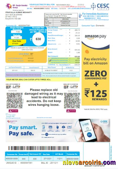 Premium INDIA CESC LIMITED Utility Bill Word And PDF Template, Version 2